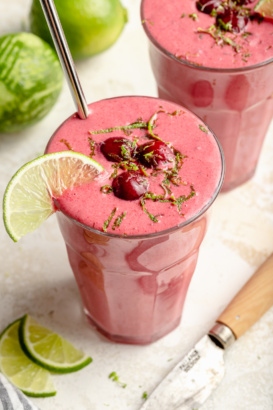 cherry lime smoothie in a glass