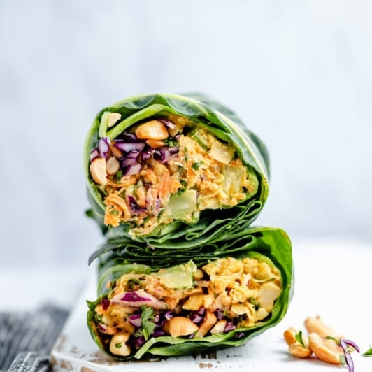 curry chickpea salad wrap cut in half
